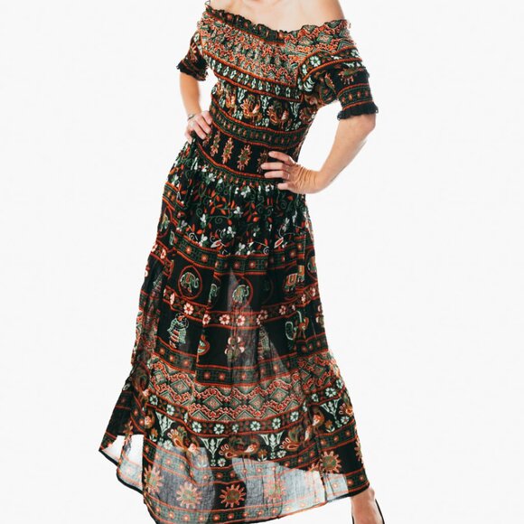 Black peasant maxi dress short sleeve off shoulder boho summer floral tie dye - Picture 1 of 5